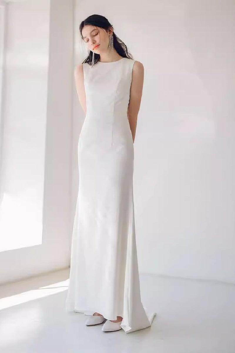 Sheath-Column Sweep-Brush Train Elastic Cloth Wedding Dress 817449854351 - COCOMELODY